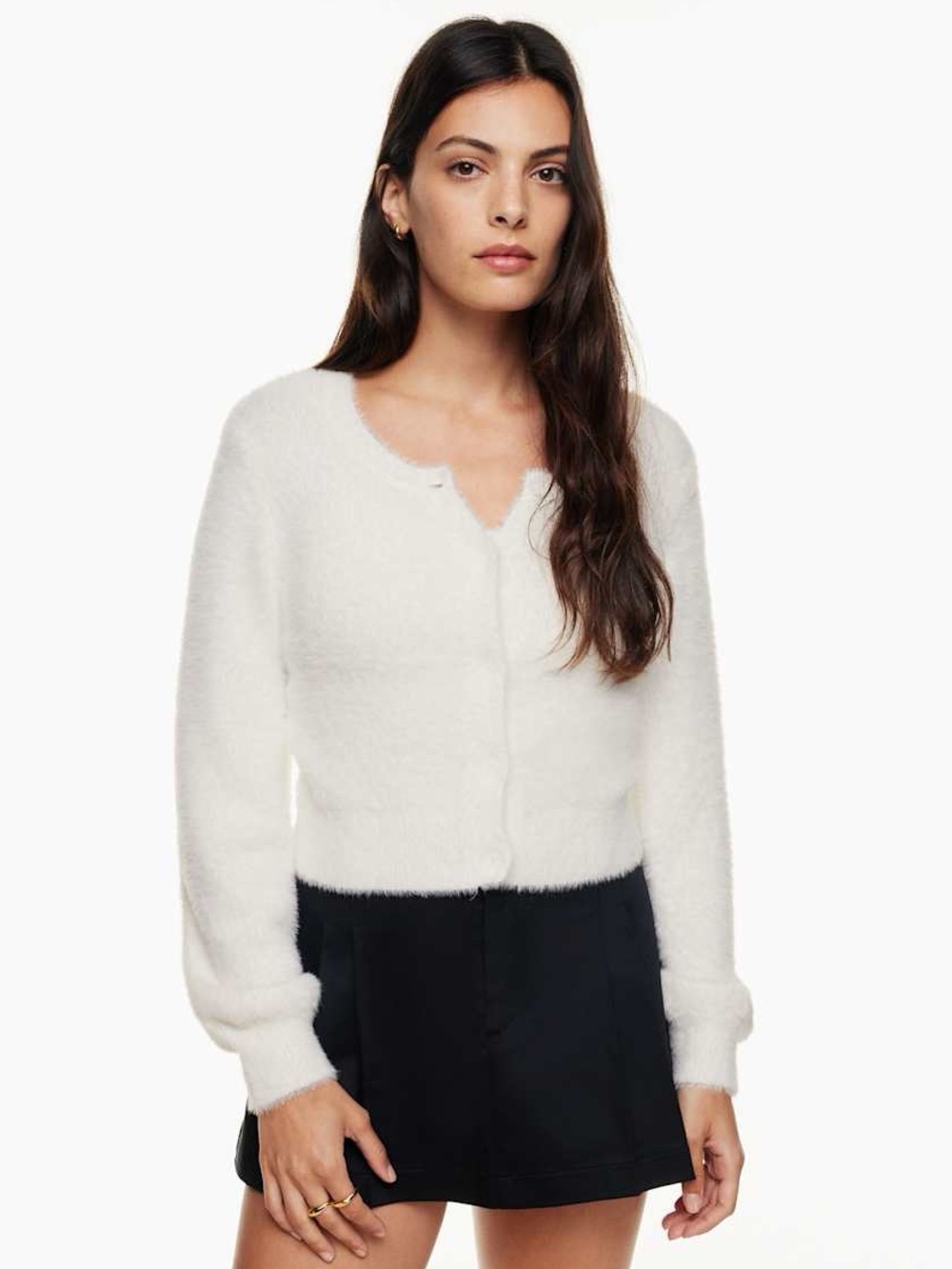 Aritzia Sunday Best White Fuzzy Knit Cropped Carmen Cardigan Sweater